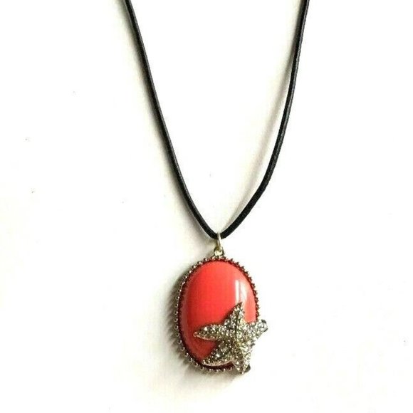 Coral Starfish Necklace Gold Plated Pendant Cabachon Peach 24" Leather Chain - Picture 4 of 11